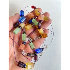 Vintage Murano Rainbow Art Glass Bead Necklace Purple Cord Beads Long Strand